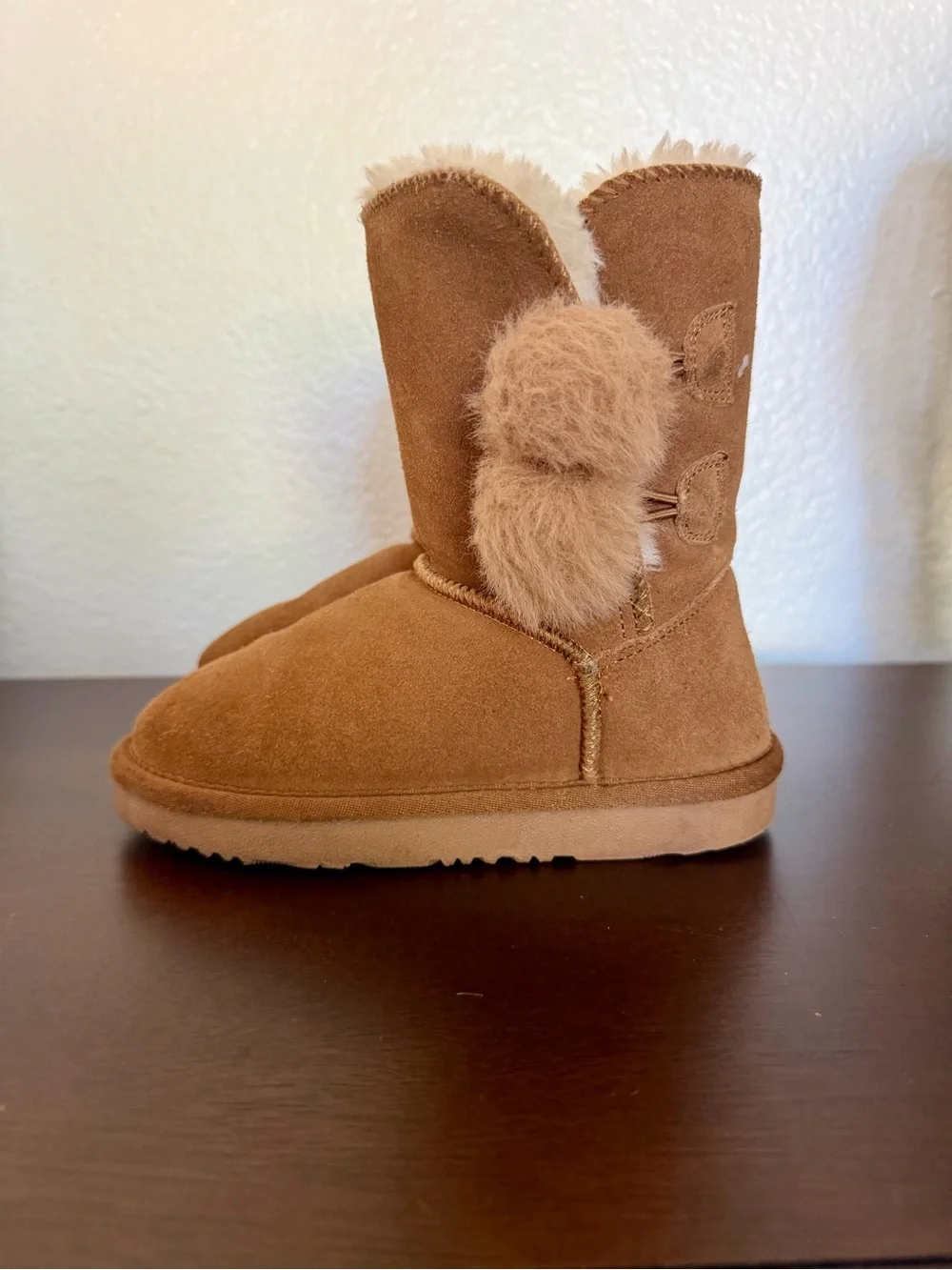 DreamPairs Chestnut Boots Kids Size 12 Fur Pom Trim Suede